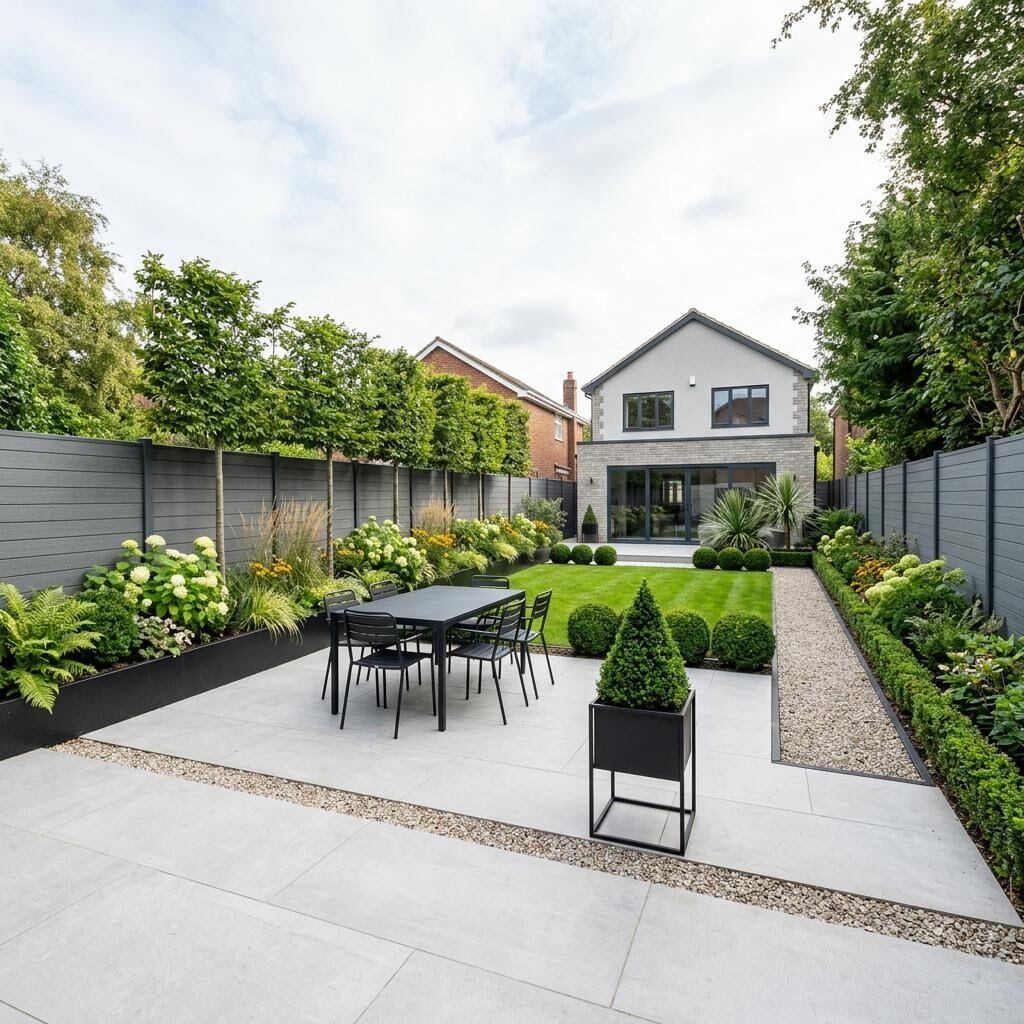 Contemporary garden with light grey porcelain paving, clipped evergreens and anthracite fencing