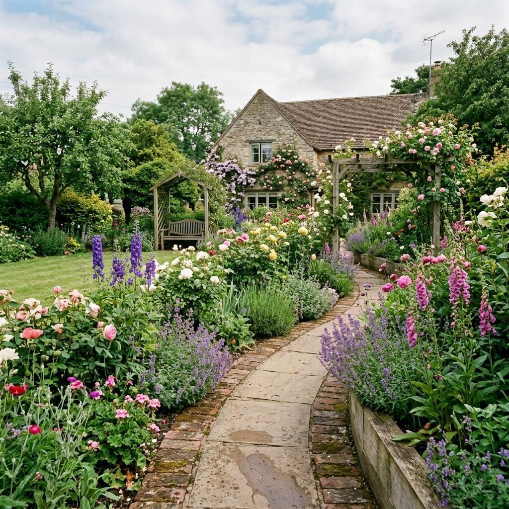 Traditional English cottage garden with sandstone path, roses and lavender borders