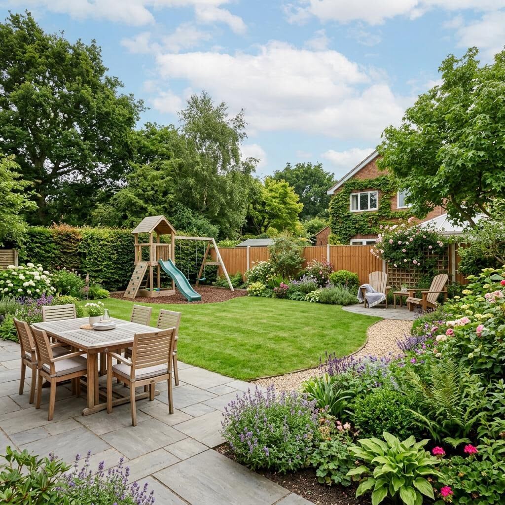 Family garden with porcelain patio, lawn and zones for play and dining