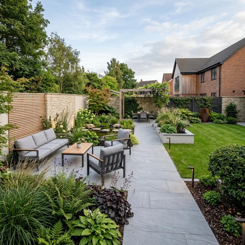Premium show garden with Italian porcelain, architectural lighting and sculptural planting