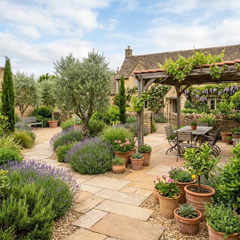 Mediterranean style garden with warm sandstone, olive trees and terracotta pots