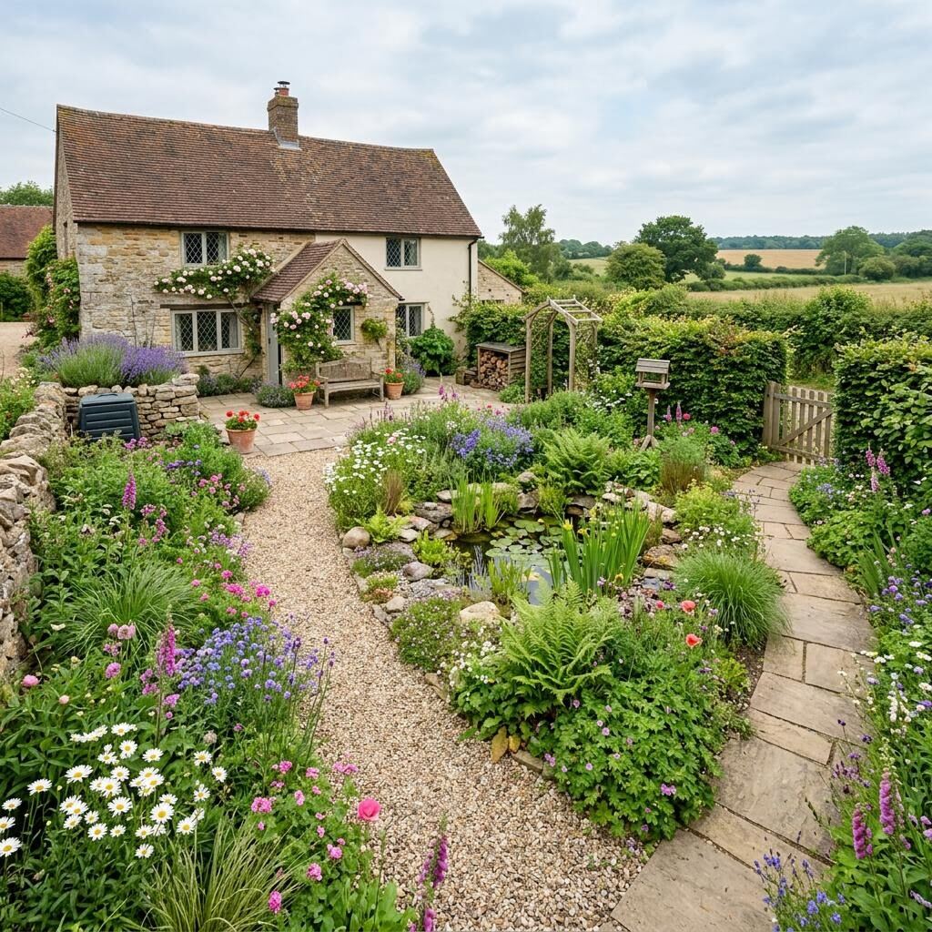 Natural wildlife garden with wildflower planting, native hedging and natural stone