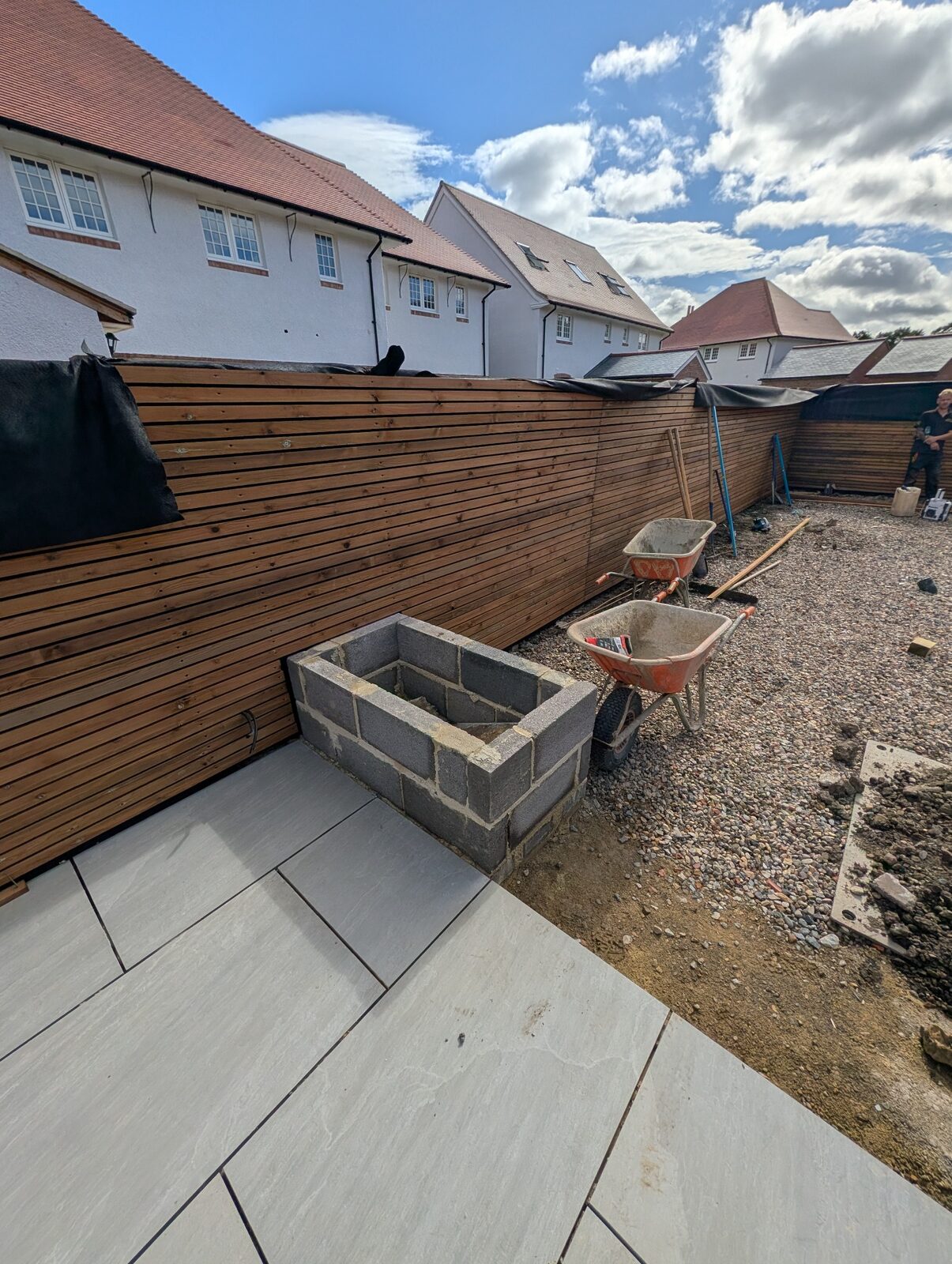Garden construction progressing around the main paved space
